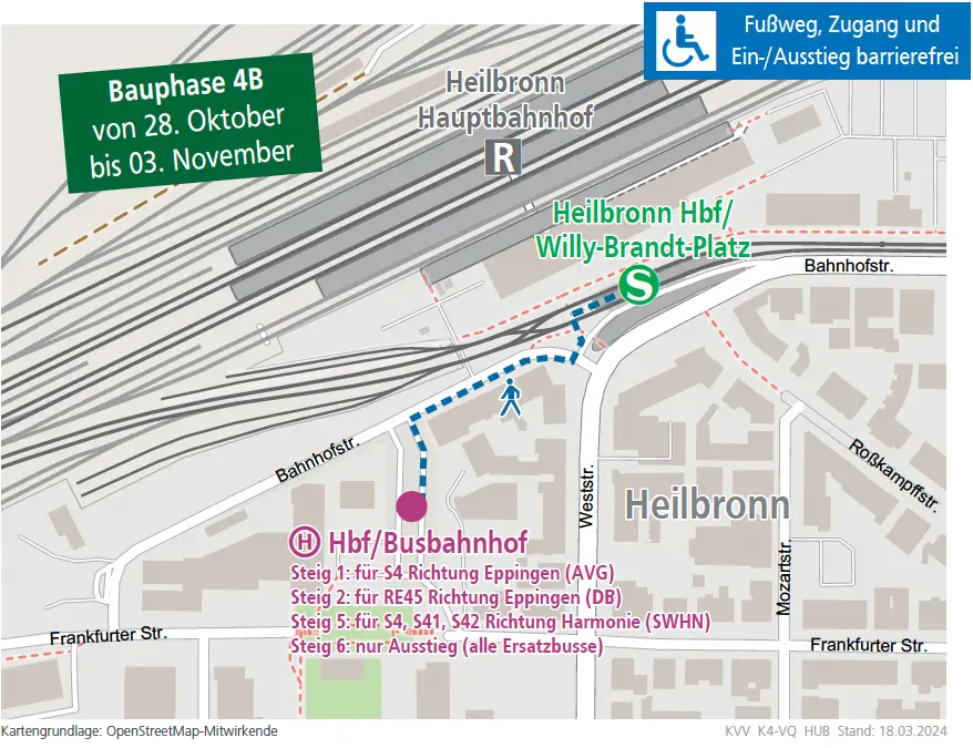 Ansicht des Fußwegeplans zur Haltestelle Heilbronn Hauptbahnhof