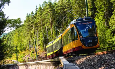 AVG-Stadtbahn fährt die Murgtalstrecke entlang.