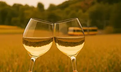 Die Grafik zeigt zwei Weingläser. Im Hintergrund ist eine Stadtbahn der Albtal-Verkehrs-Gesellschaft zu sehen, die durch das Kraichtal fährt.