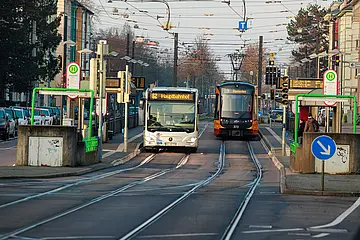 Bus und Tram fahren in der Innenstadt.