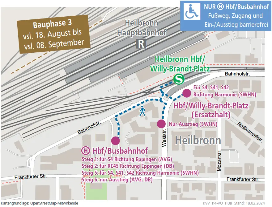 Ansicht des Fußwegeplans zur Haltestelle Heilbronn Hbf Phase 3