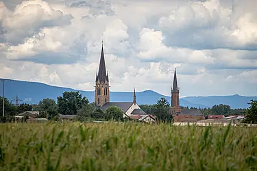 Kichturm und Hausdächer in der Landschaft der Südpfalz.
