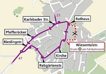 Die Grafik zeigt eine Karte vom Stadtteil Stupferich mit der farblich geknnzeichneten Umleitungsroute für die vier Buslinien während der Baumaßnahme.