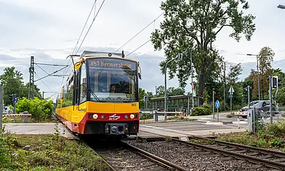 Eine Stadtbahn der Linie S51 fährt in der Südpfalz über einen Bahnübergang. 