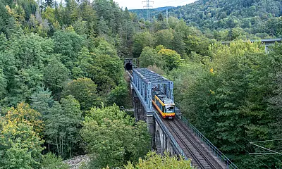 AVG-Stadtbahn fährt über eine Brücke.
