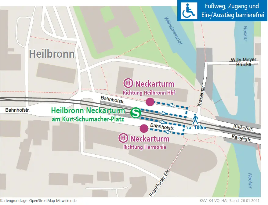 Ansicht des Fußwegeplans zur Haltestelle Heilbronn Neckarturm