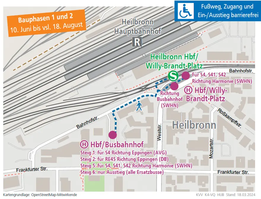 Ansicht des Fußwegeplans zur Haltestelle Heilbronn Hbf Phase 1+2