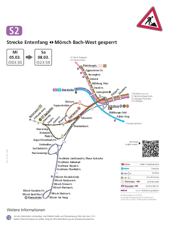 Umleitungsplan zur Streckensperrung zwischen Entenfang und Mörsch Bach-West