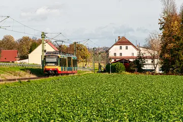 AVG-Bahn fährt durch entlang grüner Landschaft.