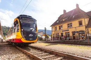 Bahn steht im Bahnhof Bad Herrenalb 